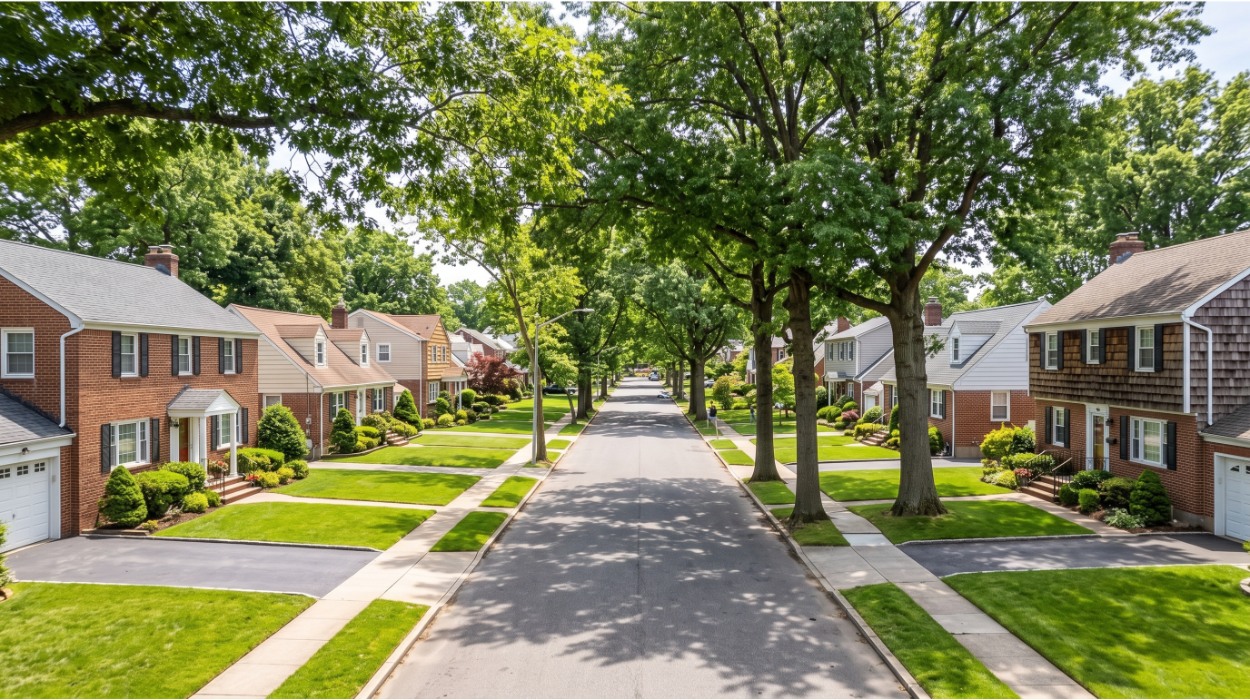Wide residential street in Bayside, Queens with well-kept colonial and cape-cod single-family homes, each with a front lawn and driveway