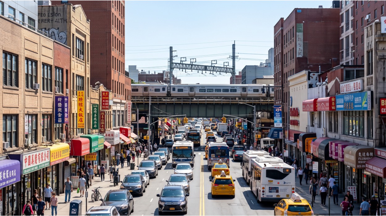 Busy Flushing, Queens main street with mixed-use brick buildings, colorful ground-floor shops, and a LIRR elevated rail structure in the background