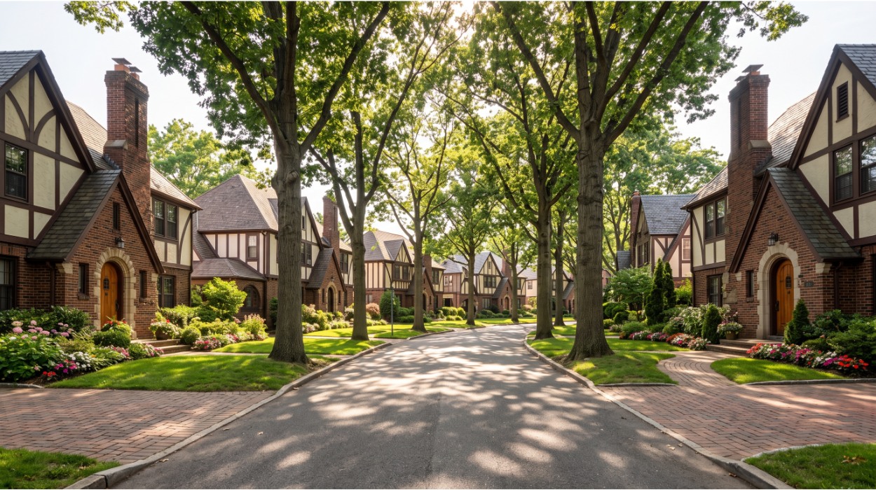 Tree-lined street in Forest Hills, Queens with Tudor Revival single-family homes — half-timbered facades, arched doorways, and manicured front gardens
