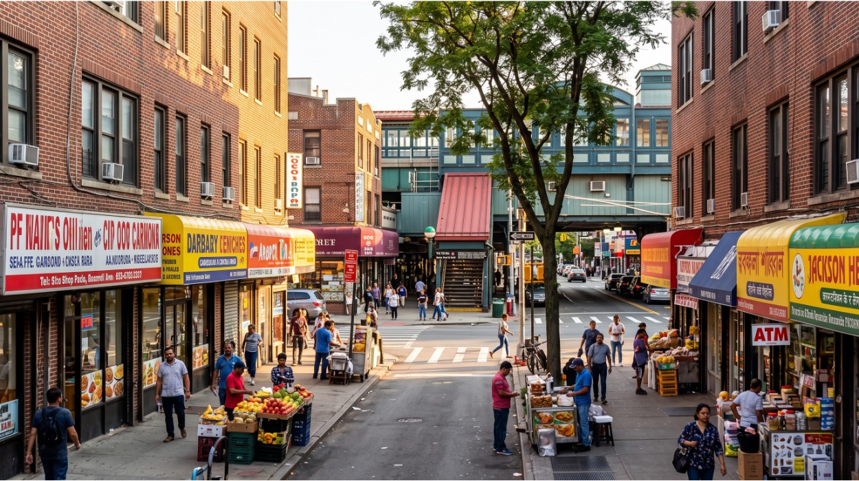 Street view of Jackson Heights, Queens — colorful pre-war brick co-op buildings lining both sides of the block with a subway entrance visible in the background