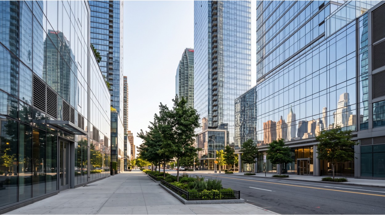 Glass-and-steel modern condo towers in Long Island City, Queens, with the Manhattan skyline reflected in the building facades