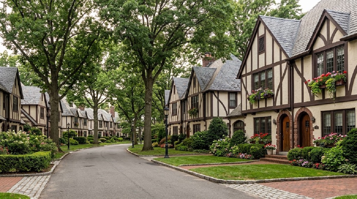 Tudor-style street in Forest Hills Gardens — a planned community designed by Olmsted Jr.