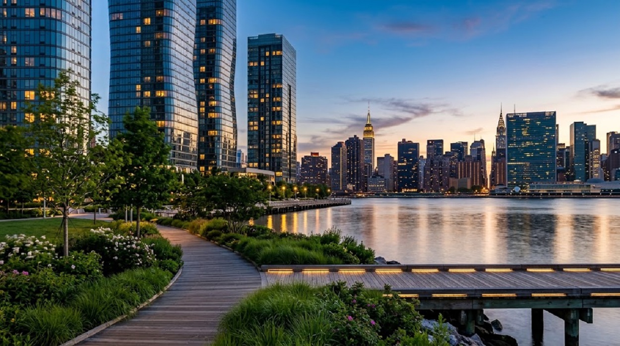 Hunters Point waterfront condos with Manhattan skyline views across the East River