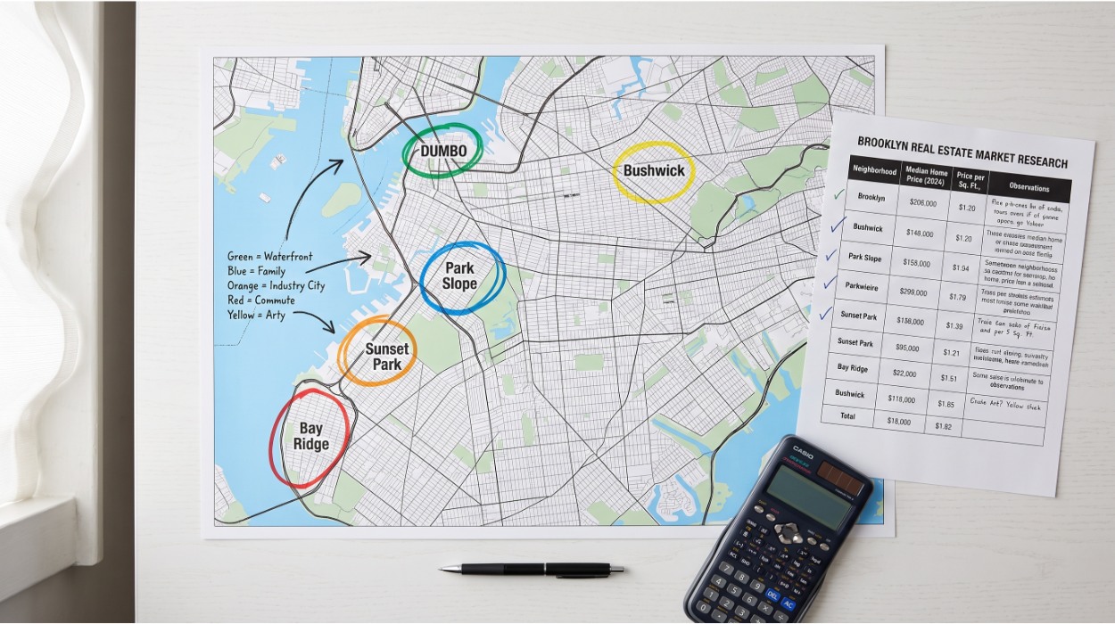 Brooklyn neighborhood price map highlighting DUMBO, Park Slope, Sunset Park, Bay Ridge, and Bushwick — home prices by neighborhood 2026