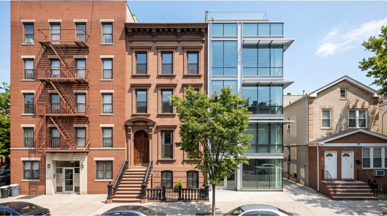 Four Brooklyn property types side by side — co-op, brownstone, condo, and two-family home — showing the price range across property types in 2026