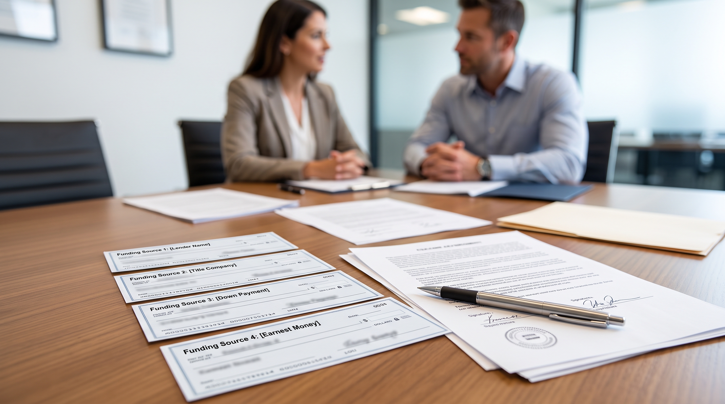 A real estate closing table with signed documents and four funding checks representing each program in the stack