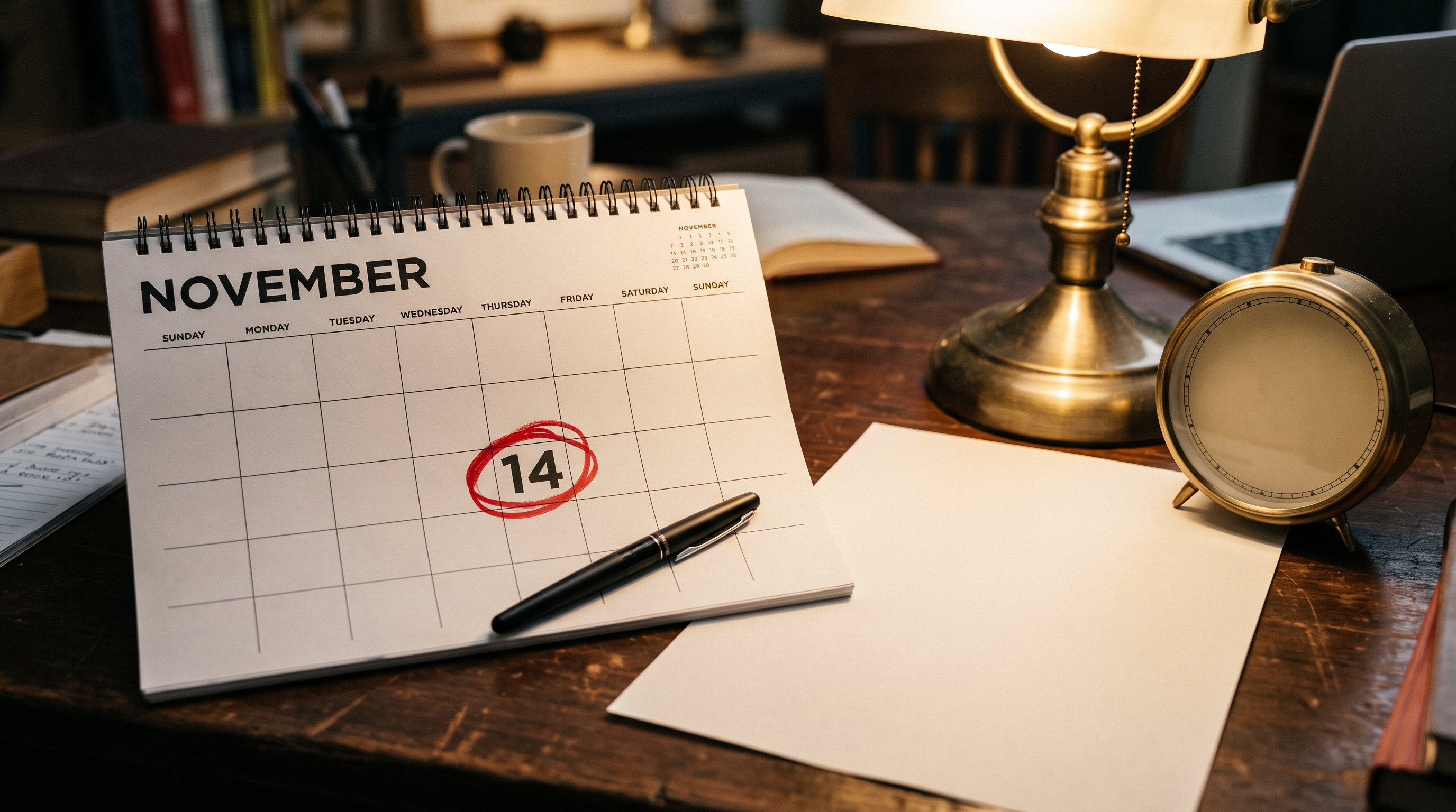 A desk calendar open to November with a date circled in red, beside a grant reservation letter and a clock — representing the HDP funding deadline
