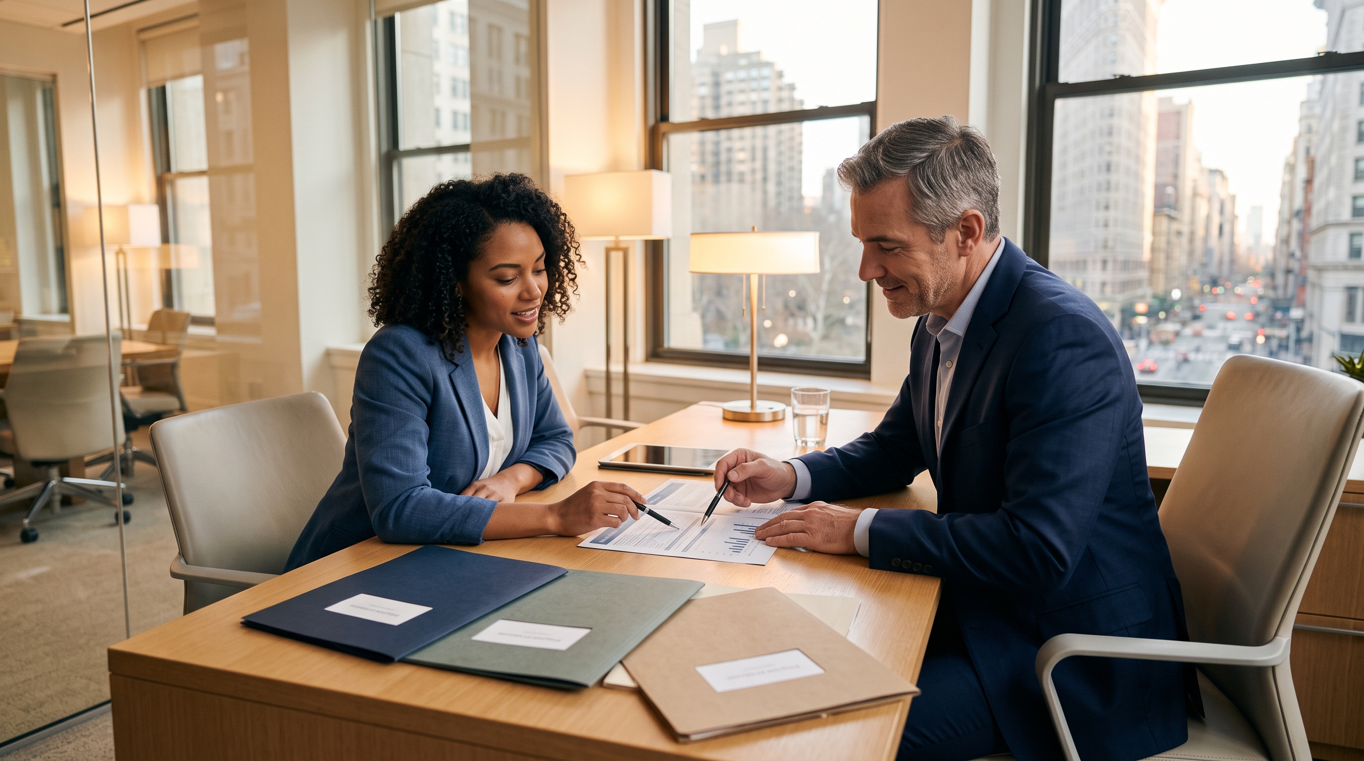 A homebuyer reviewing mortgage documents with a loan officer — the multi-program lender is the most critical choice in the entire stacking process