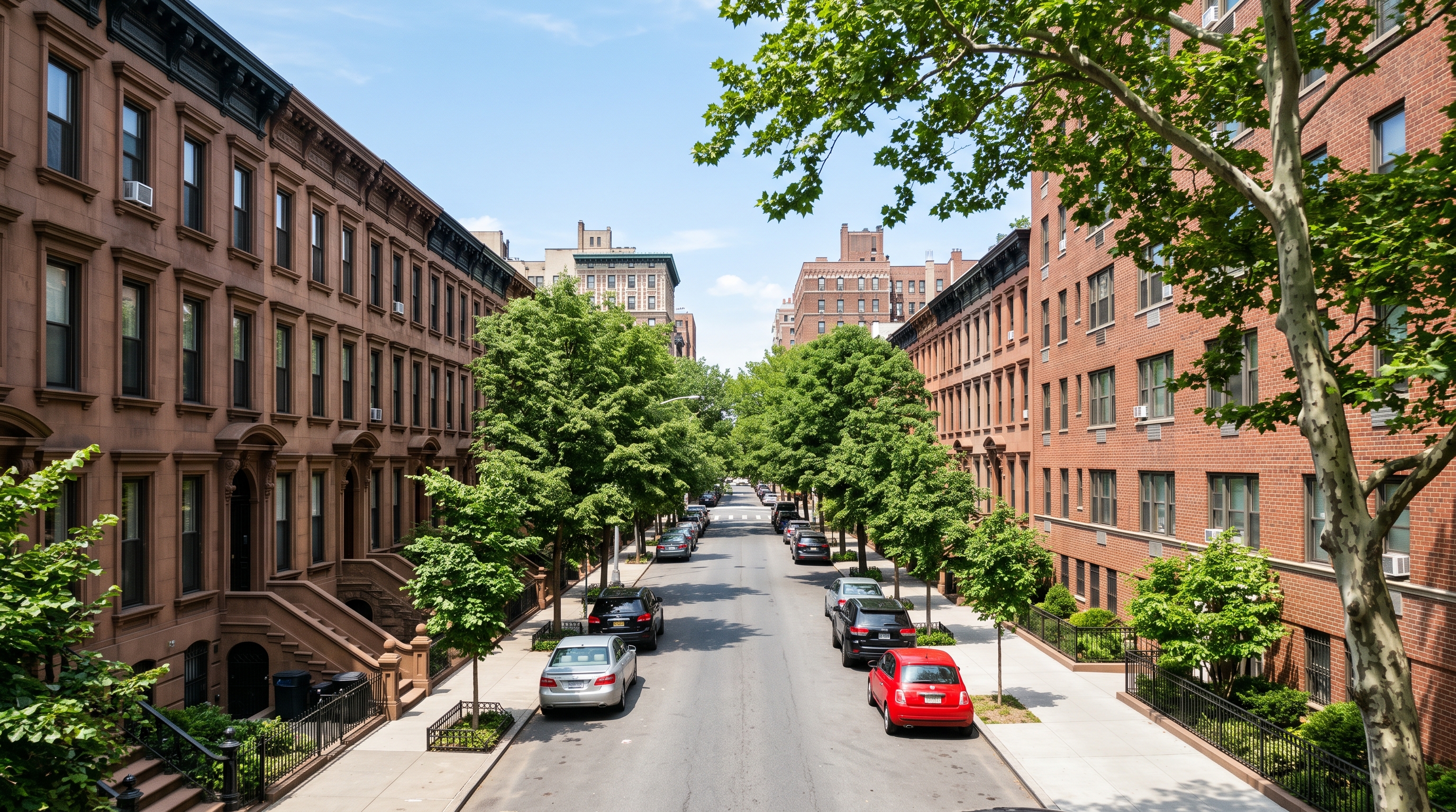 A tree-lined block of NYC brownstone buildings — the type of property eligible for HomeFirst down payment assistance