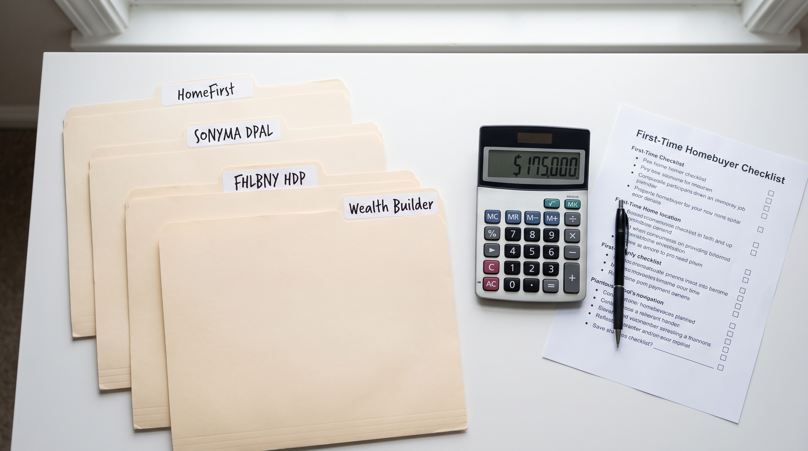 Four labeled program folders — HomeFirst, SONYMA DPAL, FHLBNY HDP, and Wealth Builder — stacked on a desk beside a calculator showing $175,000