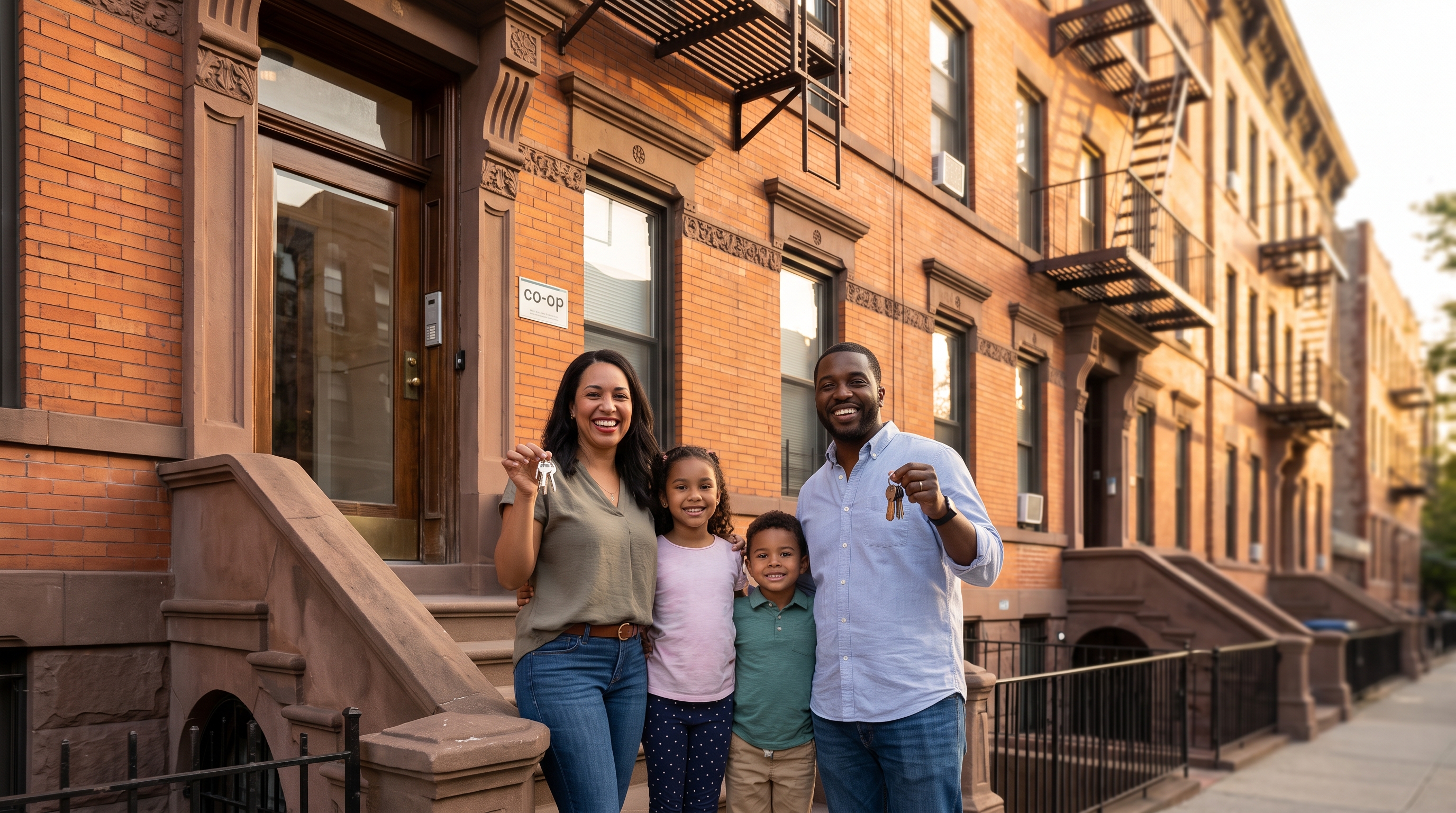 Illustrative photo: a family on the front stoop of their new home, holding house keys