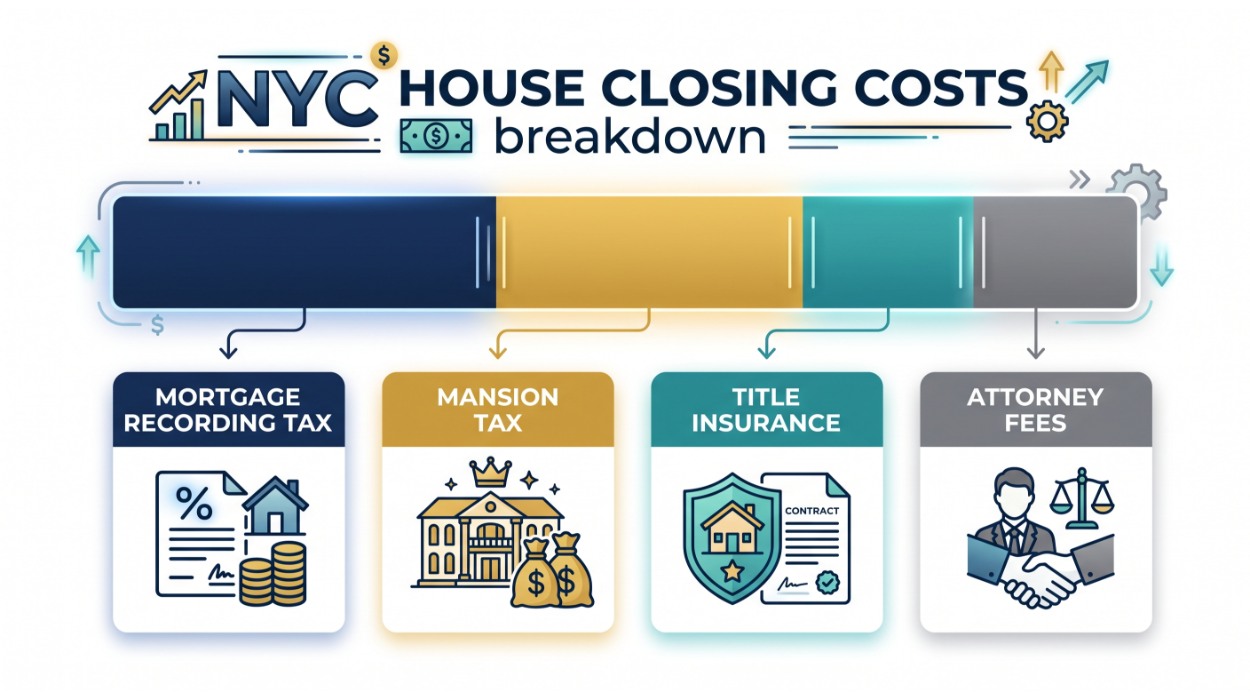 NYC closing costs breakdown infographic — mortgage recording tax is the largest cost at 1.925%, followed by mansion tax, title insurance, and attorney fees