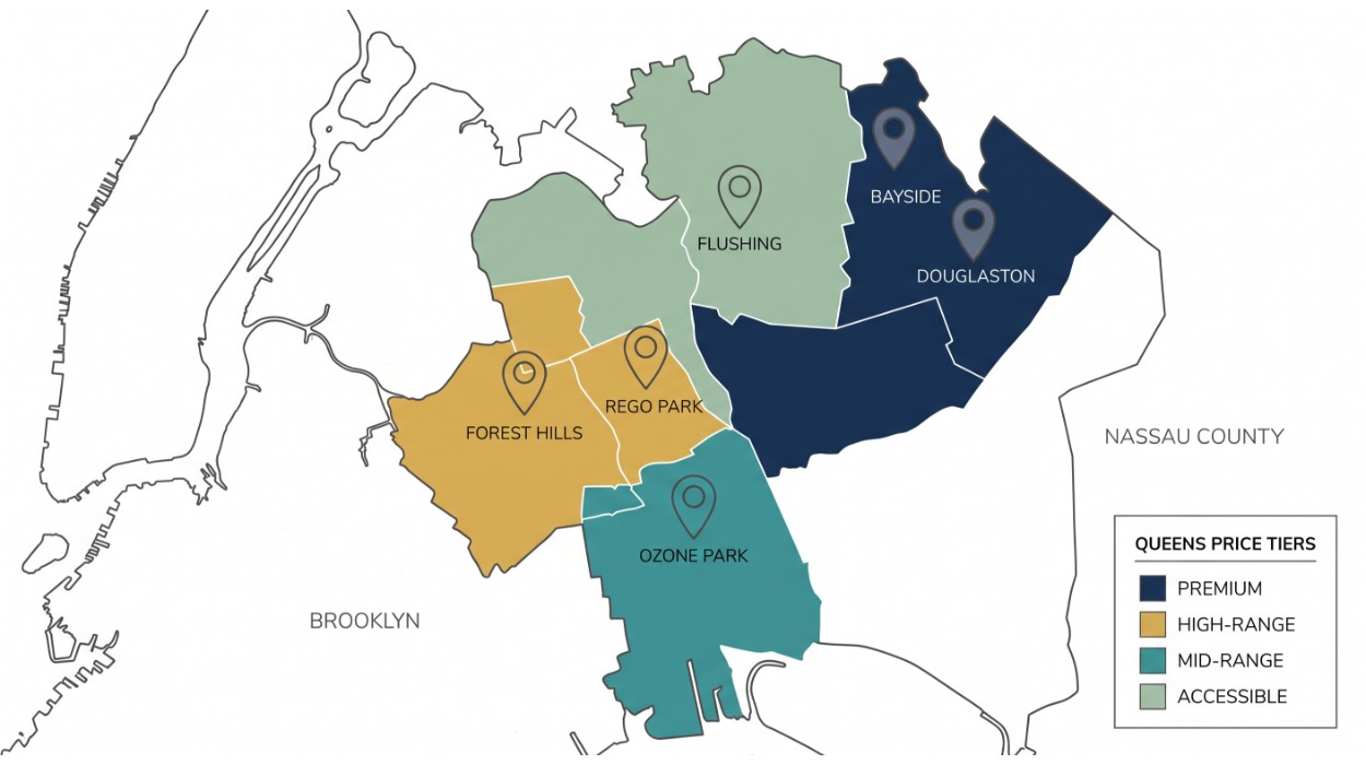 Queens NY neighborhood price map showing color-coded zones — Bayside highest priced, Ozone Park most affordable for two-family homes