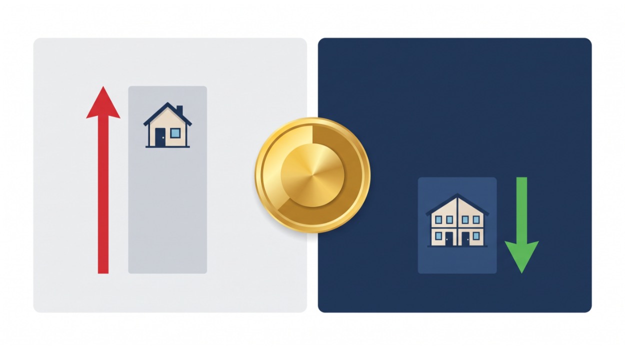 Two-family house hacking Queens NY — side-by-side comparison showing single-family full cost vs two-family with 33% monthly savings from rental income