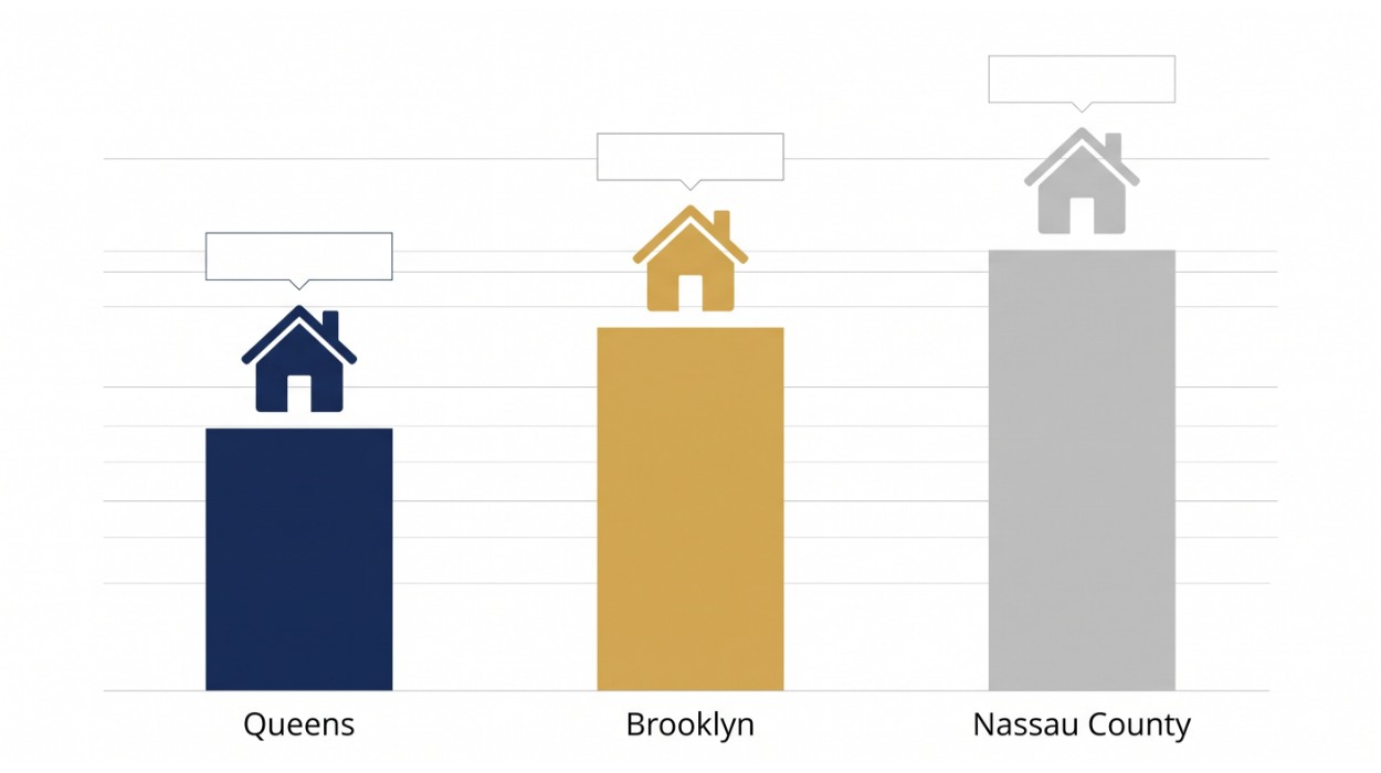 Bar chart comparing home prices in Queens NY vs Brooklyn vs Nassau County — Queens is the most affordable option