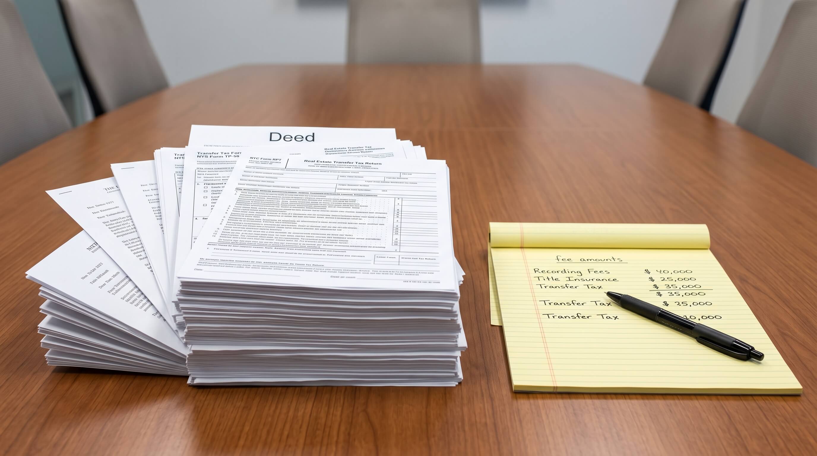 Stack of real estate closing documents including deed, transfer tax forms, and attorney correspondence on a conference room table
