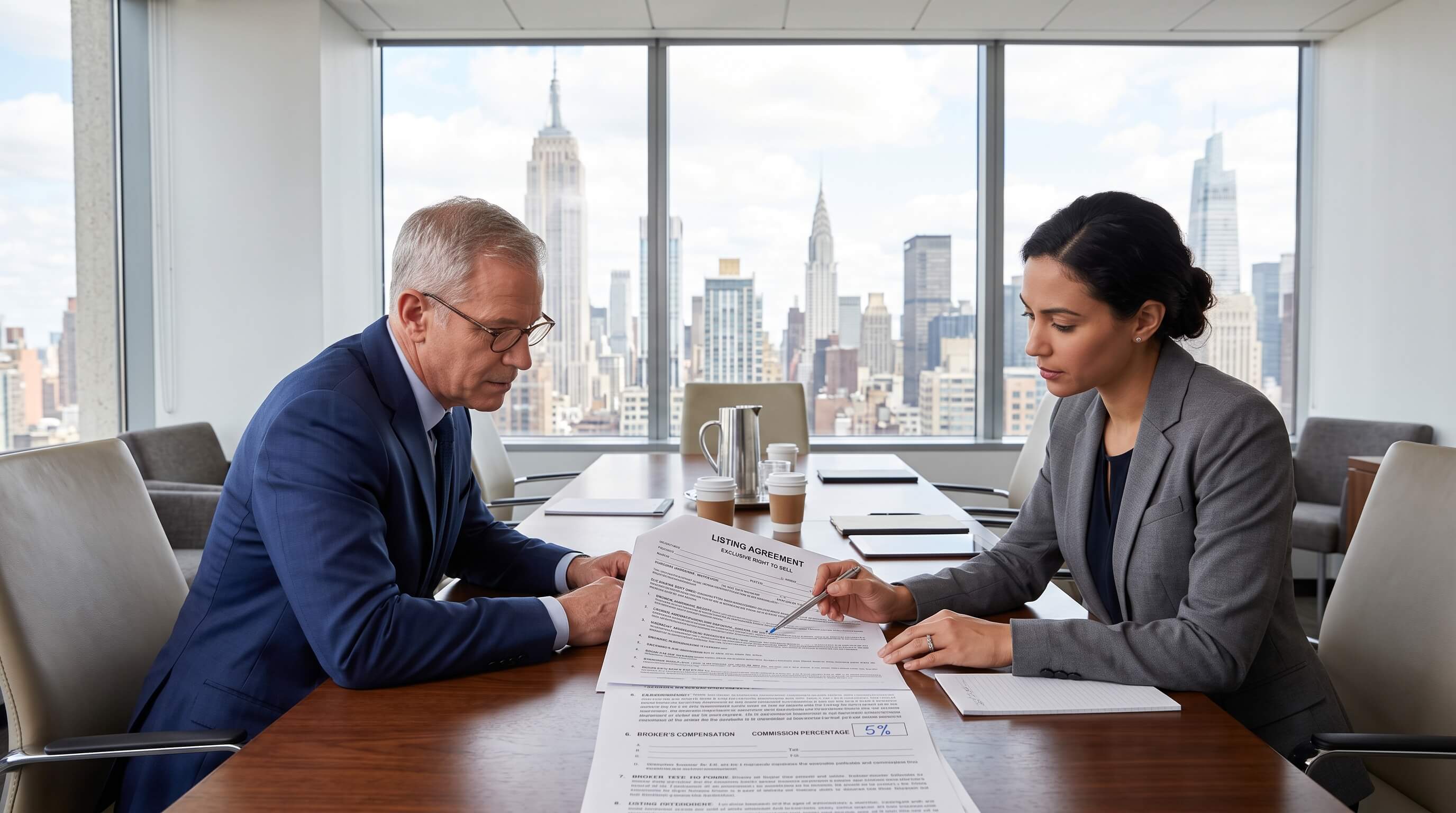 Two professionals reviewing a listing agreement with a commission percentage field visible in a Manhattan real estate office