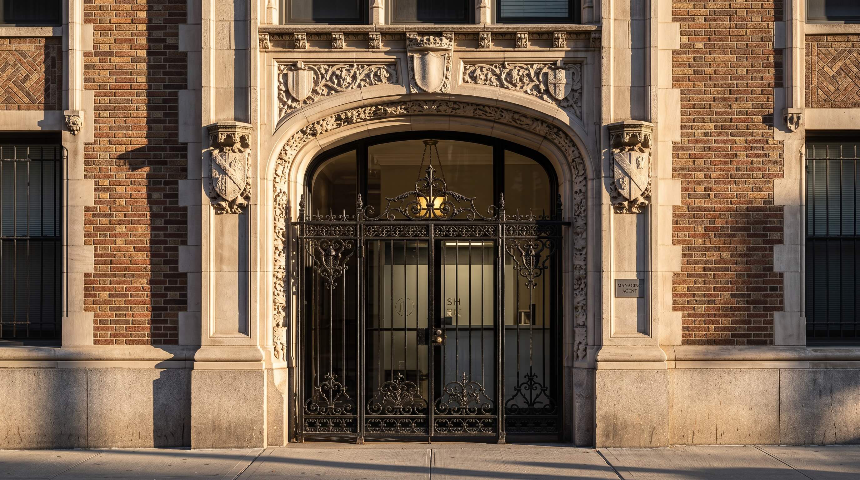 Classic prewar New York City co-op apartment building lobby entrance with ornate iron gate and carved stone details