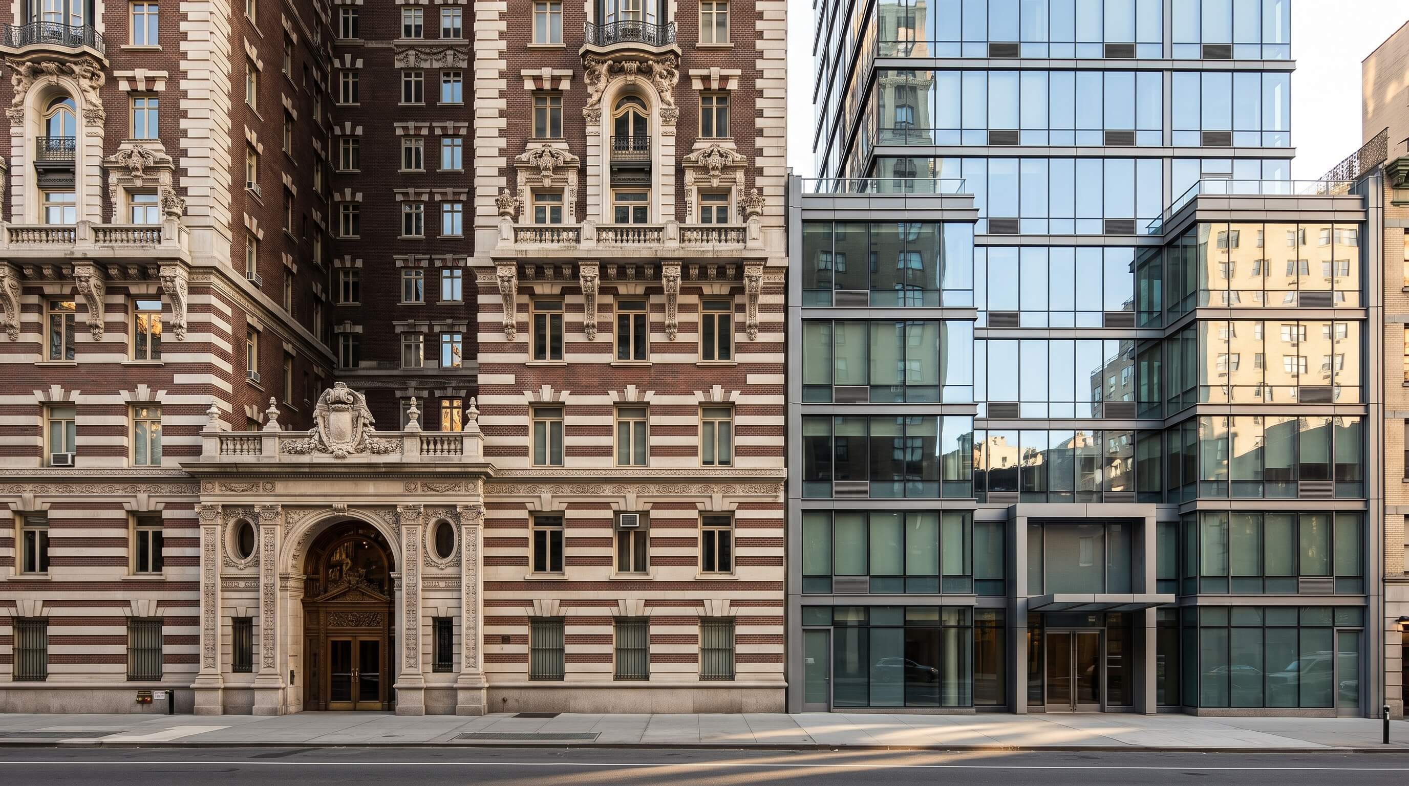 Side-by-side street view of a classic prewar co-op building and a modern glass-and-steel condo tower on the same NYC block