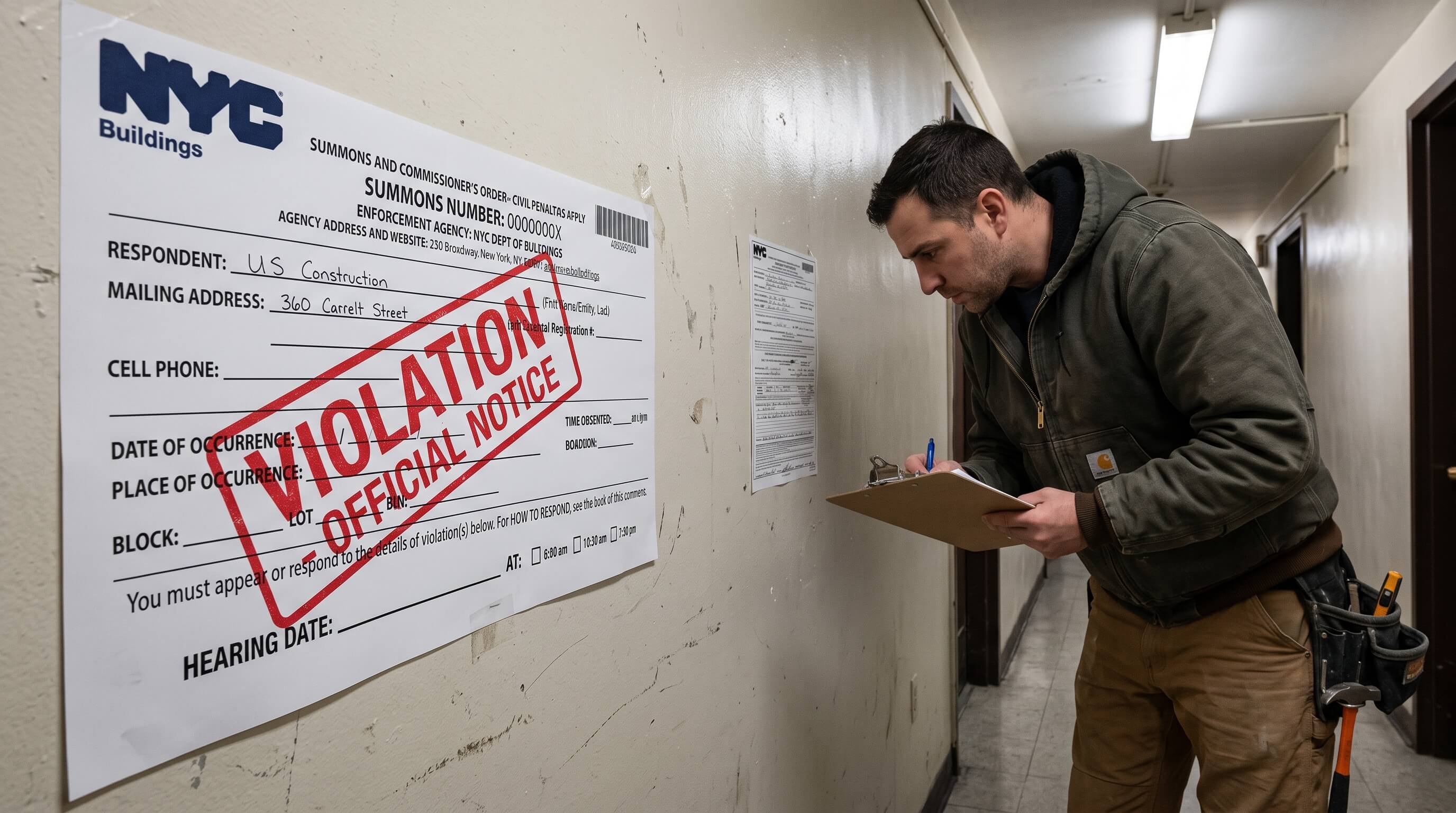 NYC Department of Buildings violation notice on an apartment door — a common hidden cost surprise at closing