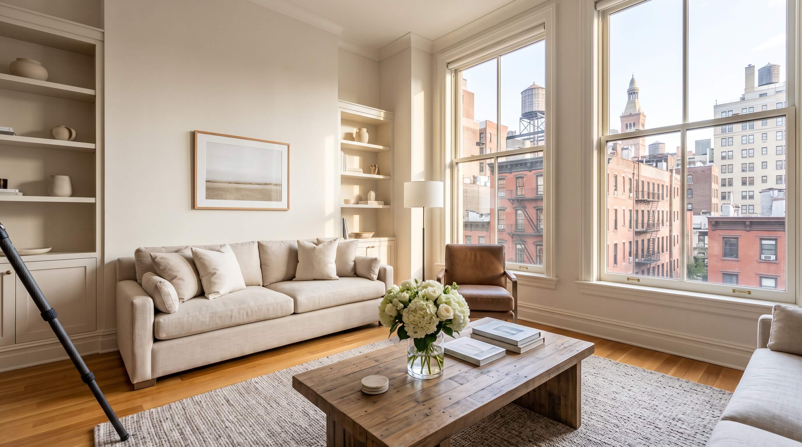 Beautifully staged New York City apartment living room with neutral sofa, fresh flowers, and morning light through tall windows showing rooftop views