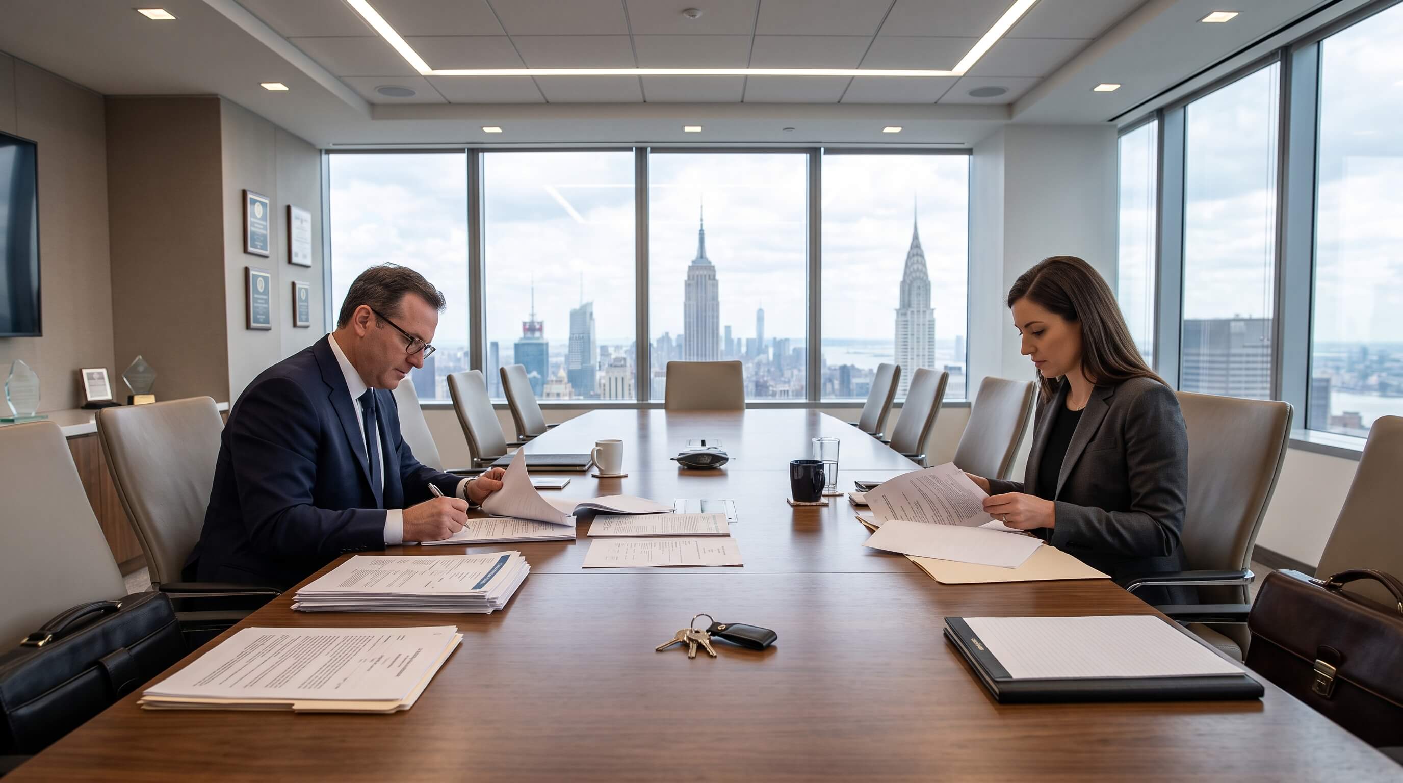A seller reviewing documents at the NYC closing table — transfer taxes, attorney fees, and flip taxes all come out of proceeds at closing