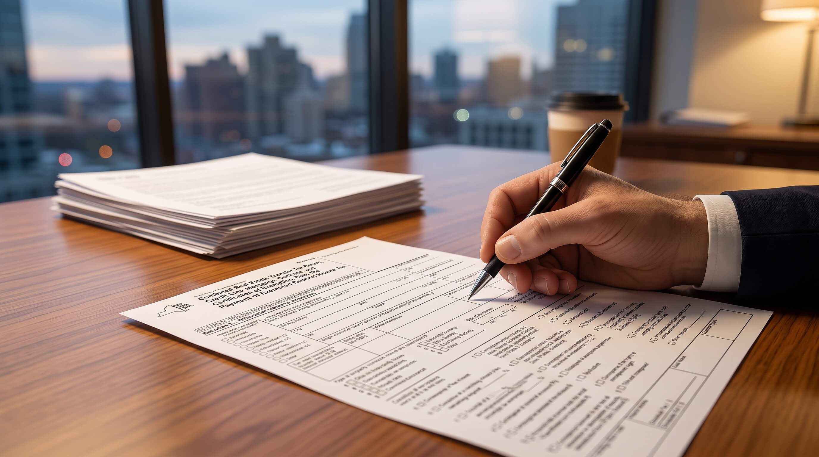 A real estate attorney filling out a New York State transfer tax form at closing