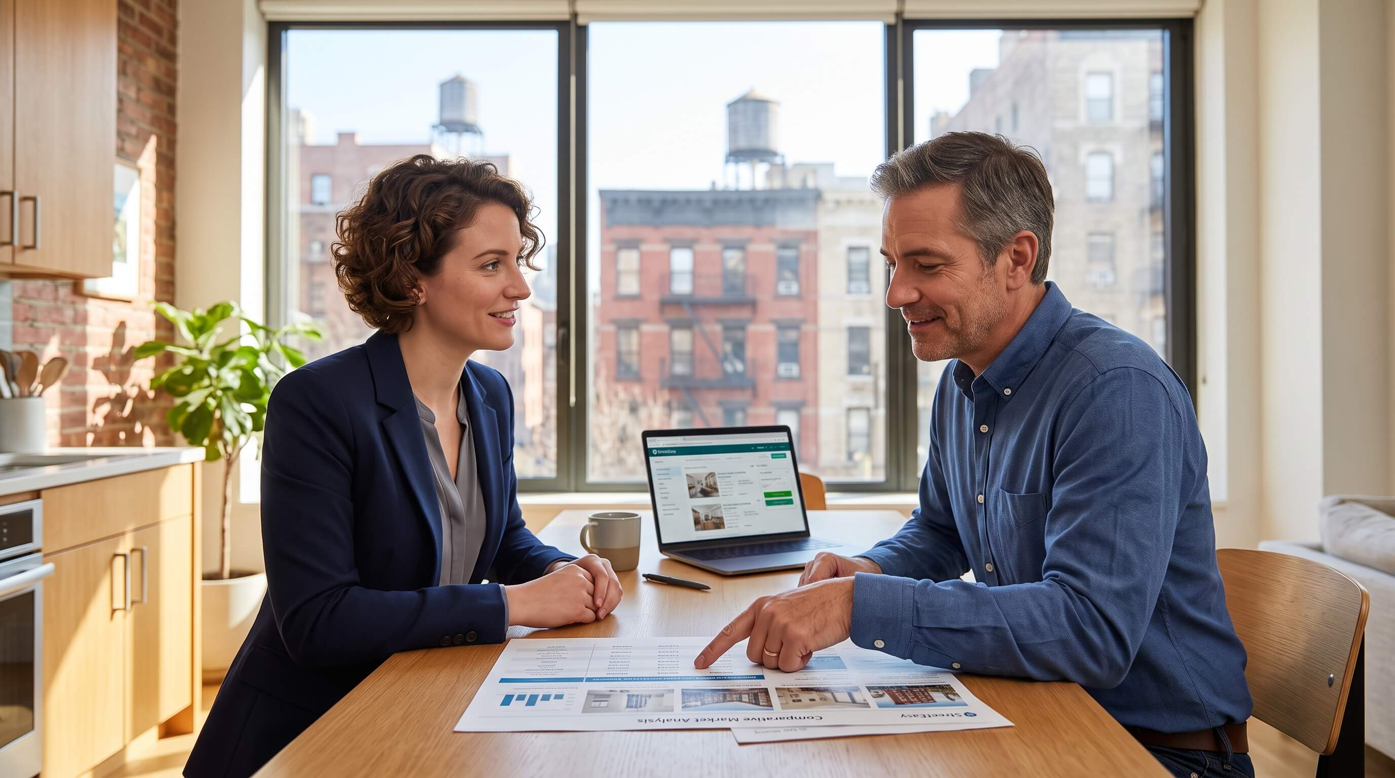 A real estate agent discussing pricing strategy with a seller — knowing the tax cliffs and negotiable costs can save NYC sellers tens of thousands