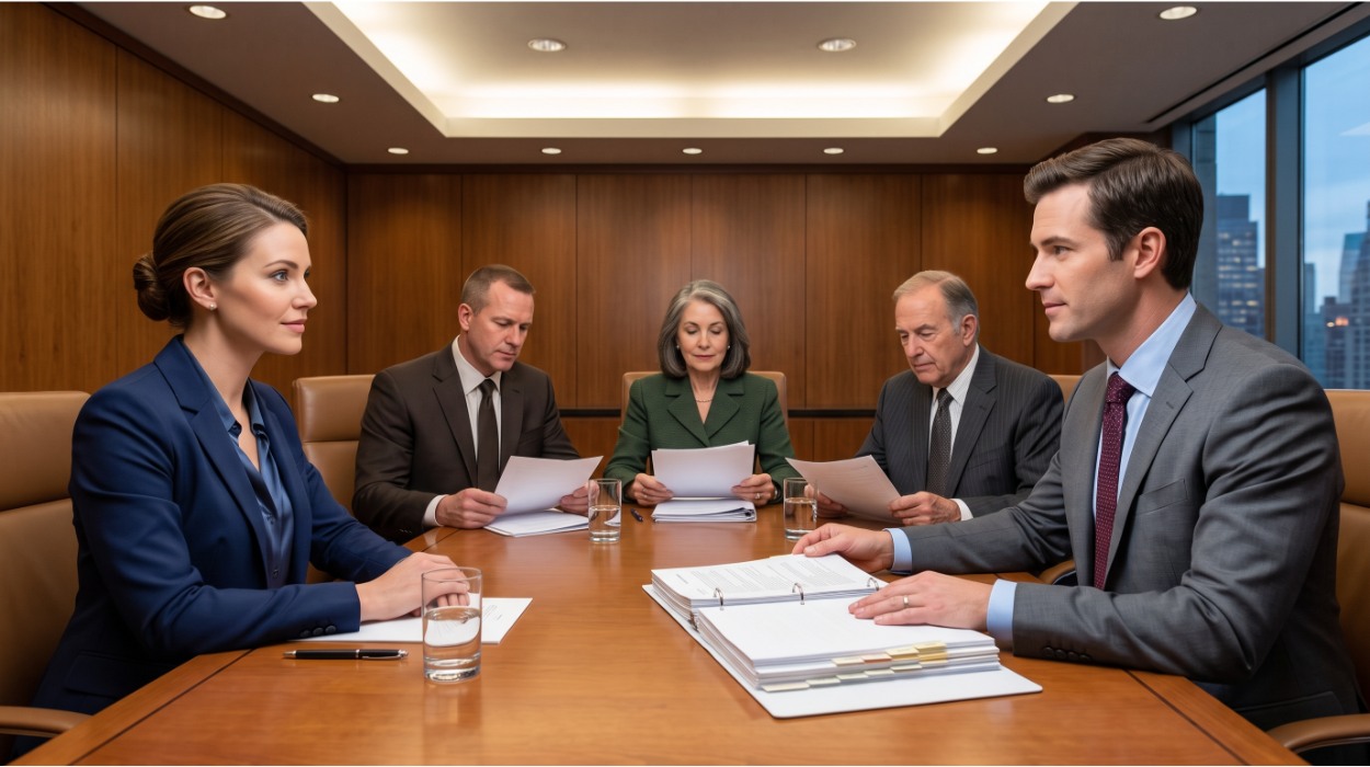 A couple presenting their co-op board application binder to three board members across a formal boardroom table in Queens NY