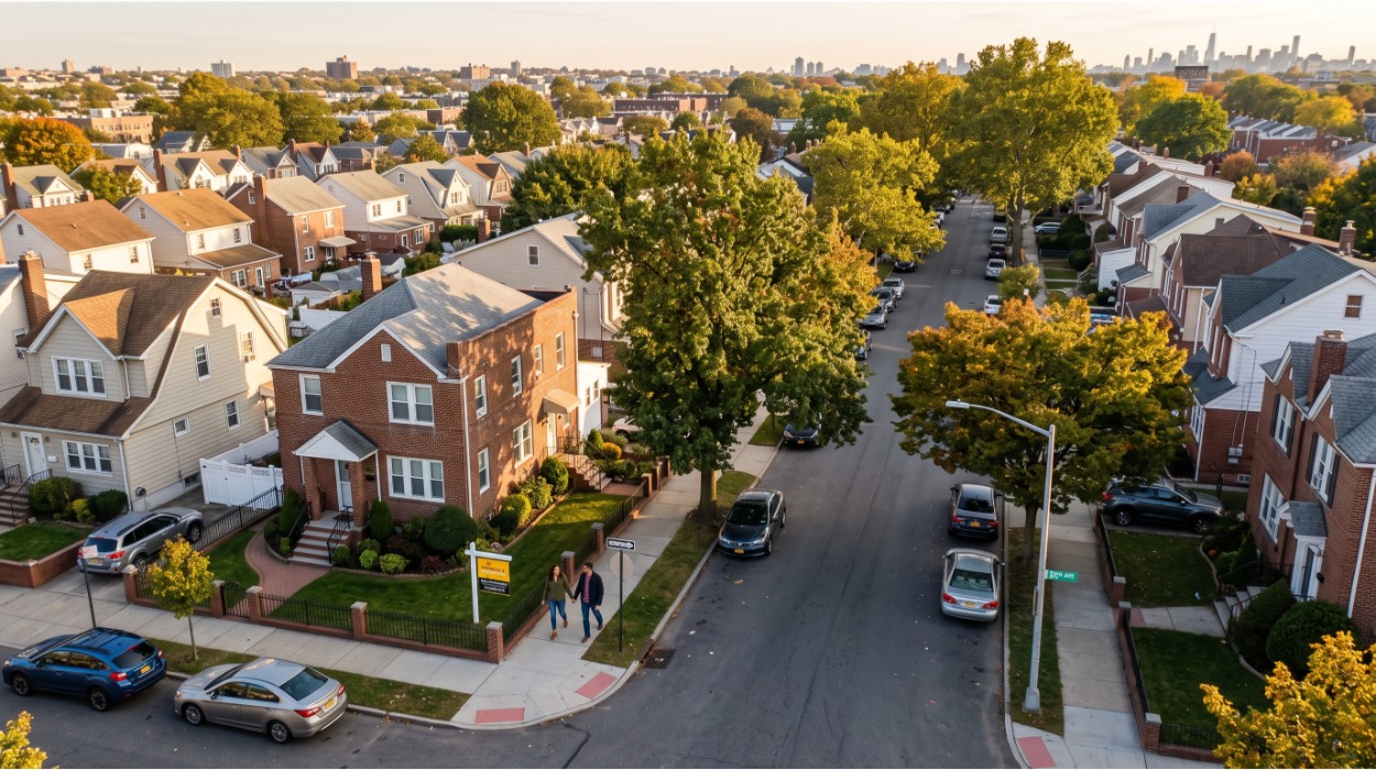 Queens NY residential street with single-family homes — guide to buying a house in Queens
