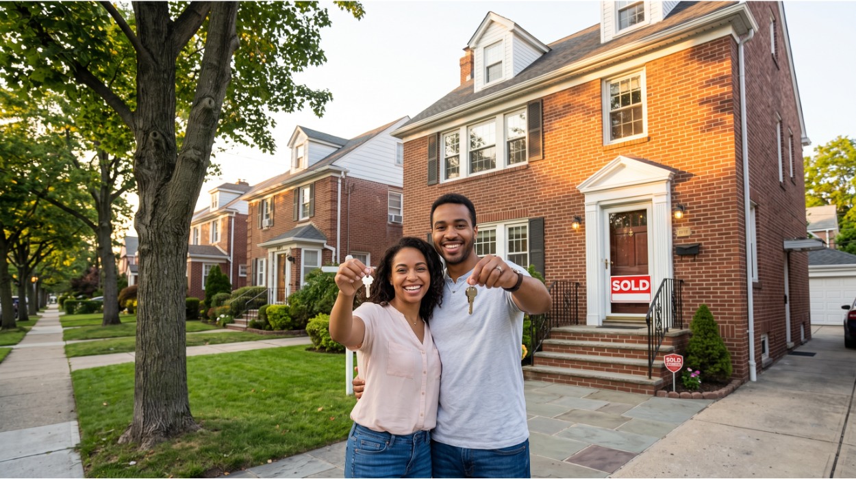 A couple holding up house keys on the front stoop of their newly purchased Queens NY brick home, smiling with a sold sign nearby