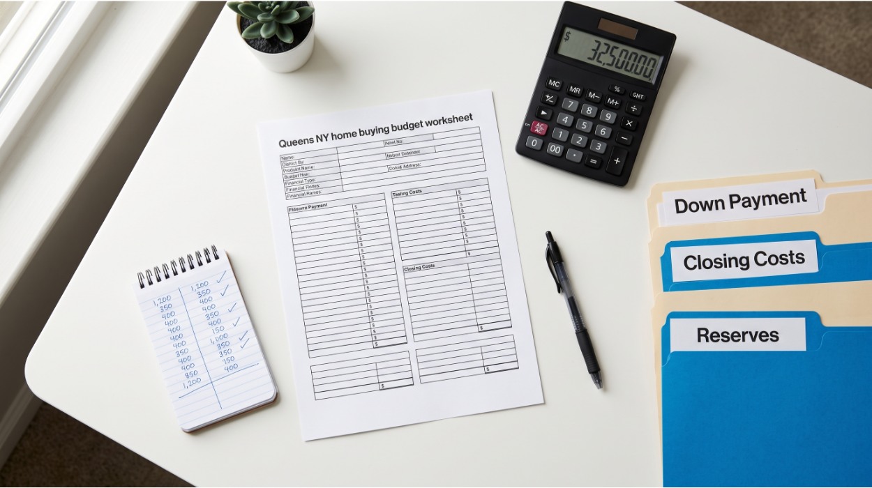 Overhead flat-lay of a Queens home buying budget worksheet with calculator, folders labeled Down Payment, Closing Costs, and Reserves