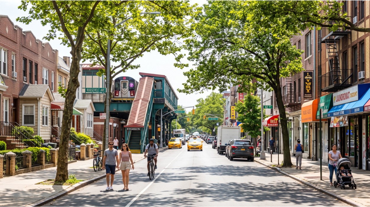 Vibrant Queens NY street scene with brick row houses, local storefronts, residents walking, and a subway entrance in the distance
