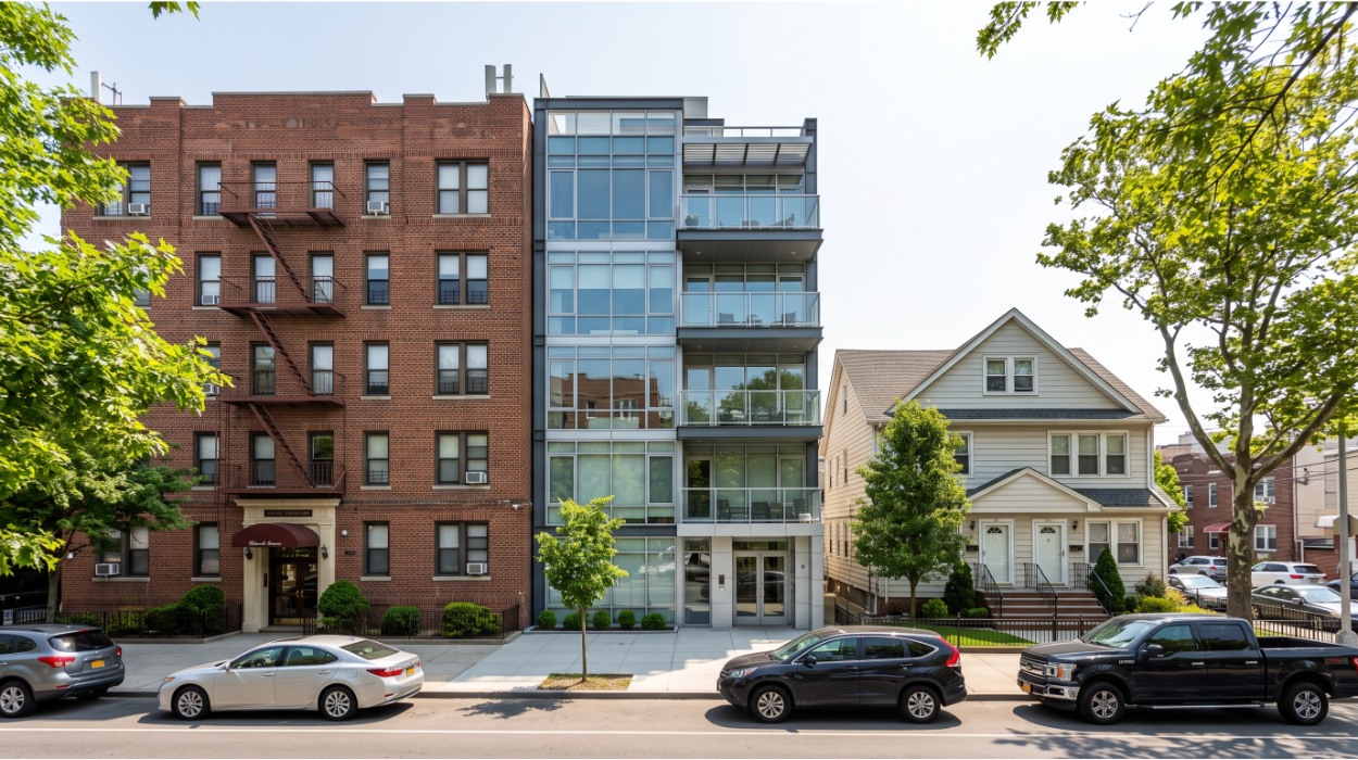 Queens NY block showing co-op building, condo, and single-family house side by side — property type comparison for home buyers