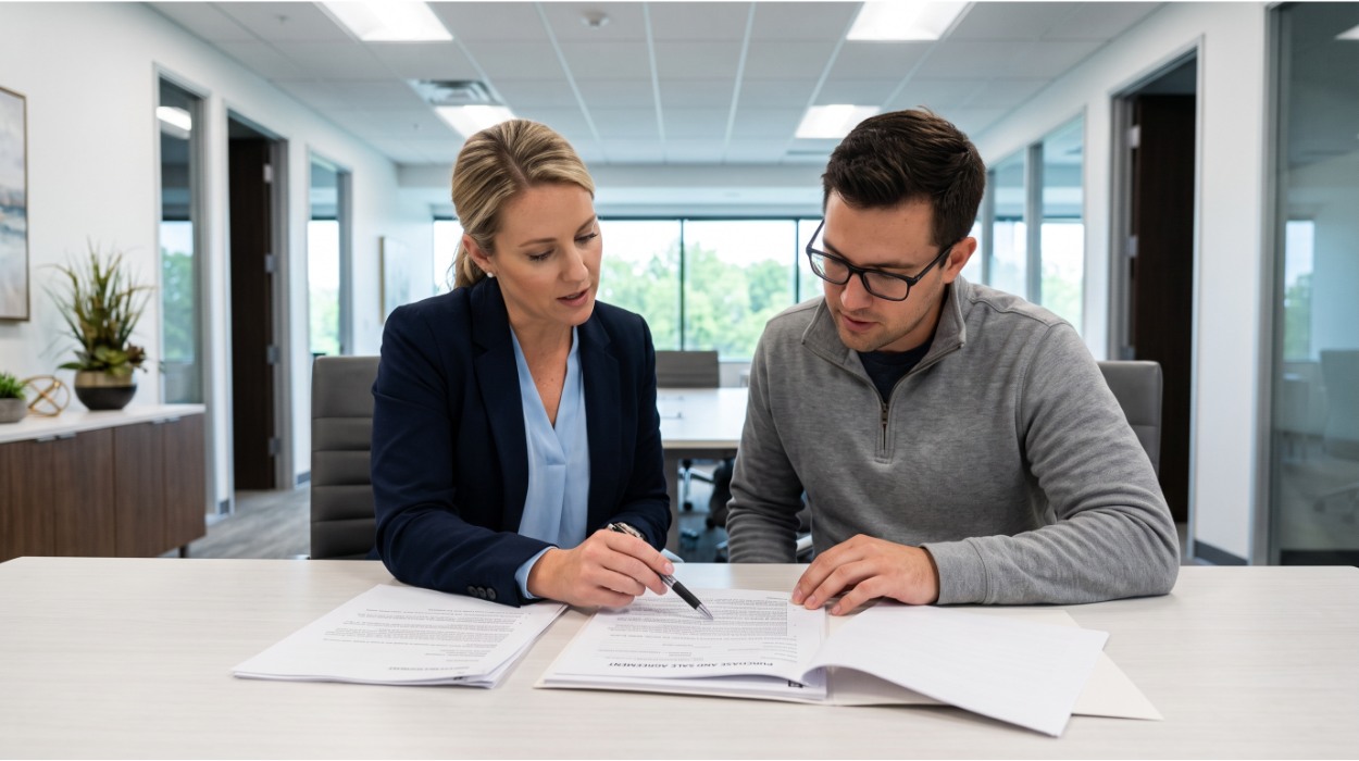 Real estate agent and homebuyer reviewing a Queens NY offer document together, with pre-approval letter and proof-of-funds visible on the table