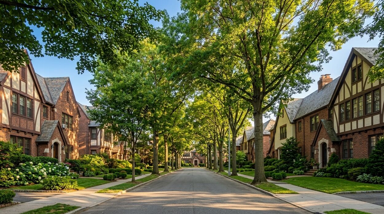 Tree-lined street in Forest Hills Queens with classic Tudor-style prewar co-op buildings