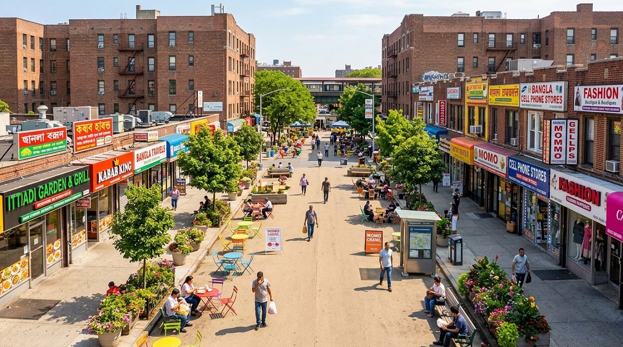 Diversity Plaza in Jackson Heights Queens — pedestrian plaza surrounded by multi-cultural storefronts