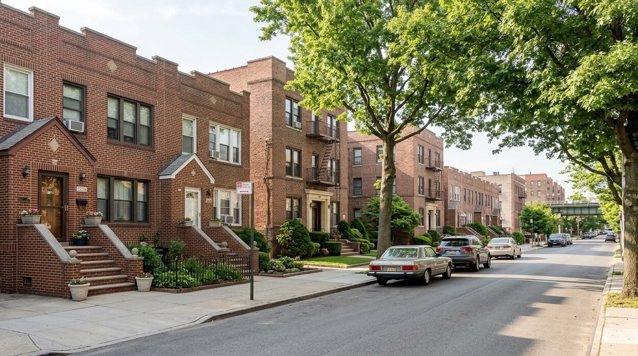 Residential block in Woodside Queens — attached brick homes and co-op buildings with tidy stoops