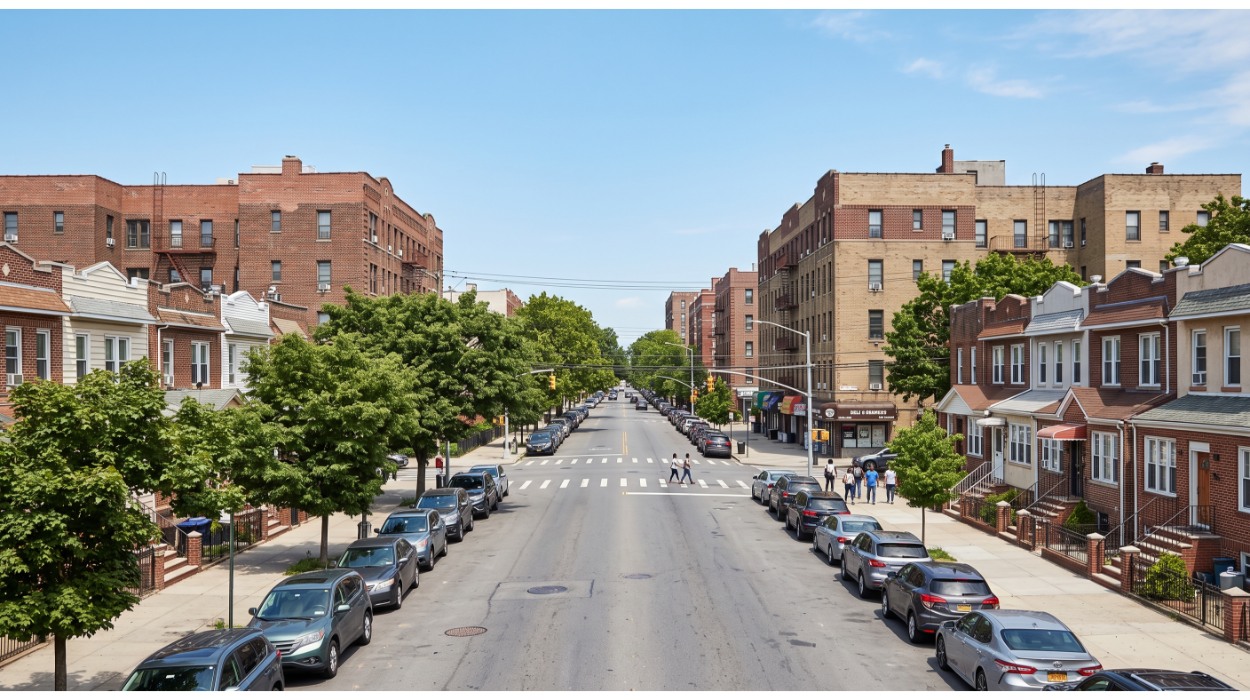 Queens NY real estate market conditions in 2026 — residential street with homes and co-op buildings