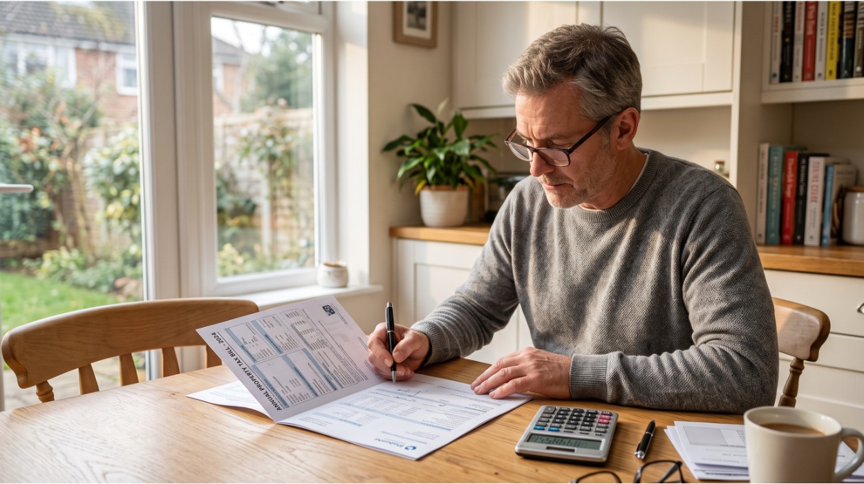 Queens homeowner sitting at a kitchen table carefully reviewing their annual property tax bill and Notice of Property Value