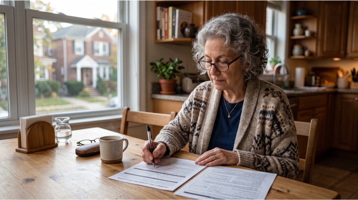 Senior homeowner reviewing property tax exemption application forms at a kitchen table in Queens NY