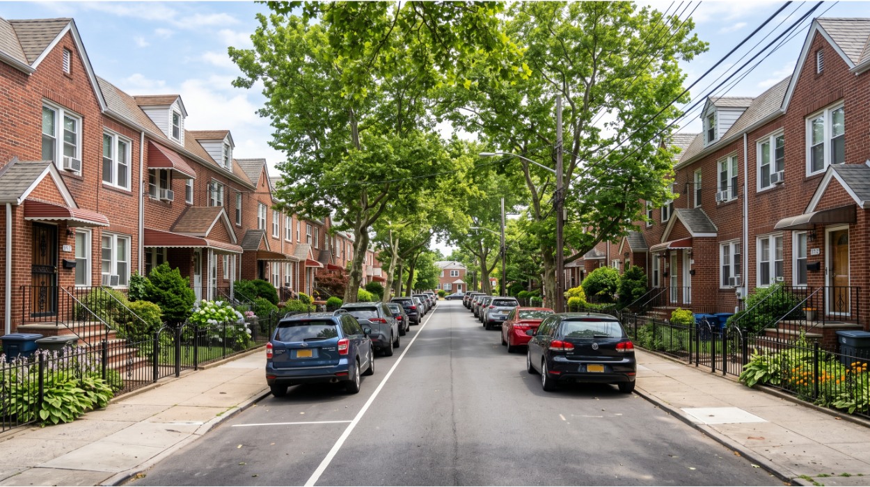 Tree-lined residential street in Queens, NY with attached brick row houses and parked cars on a sunny afternoon