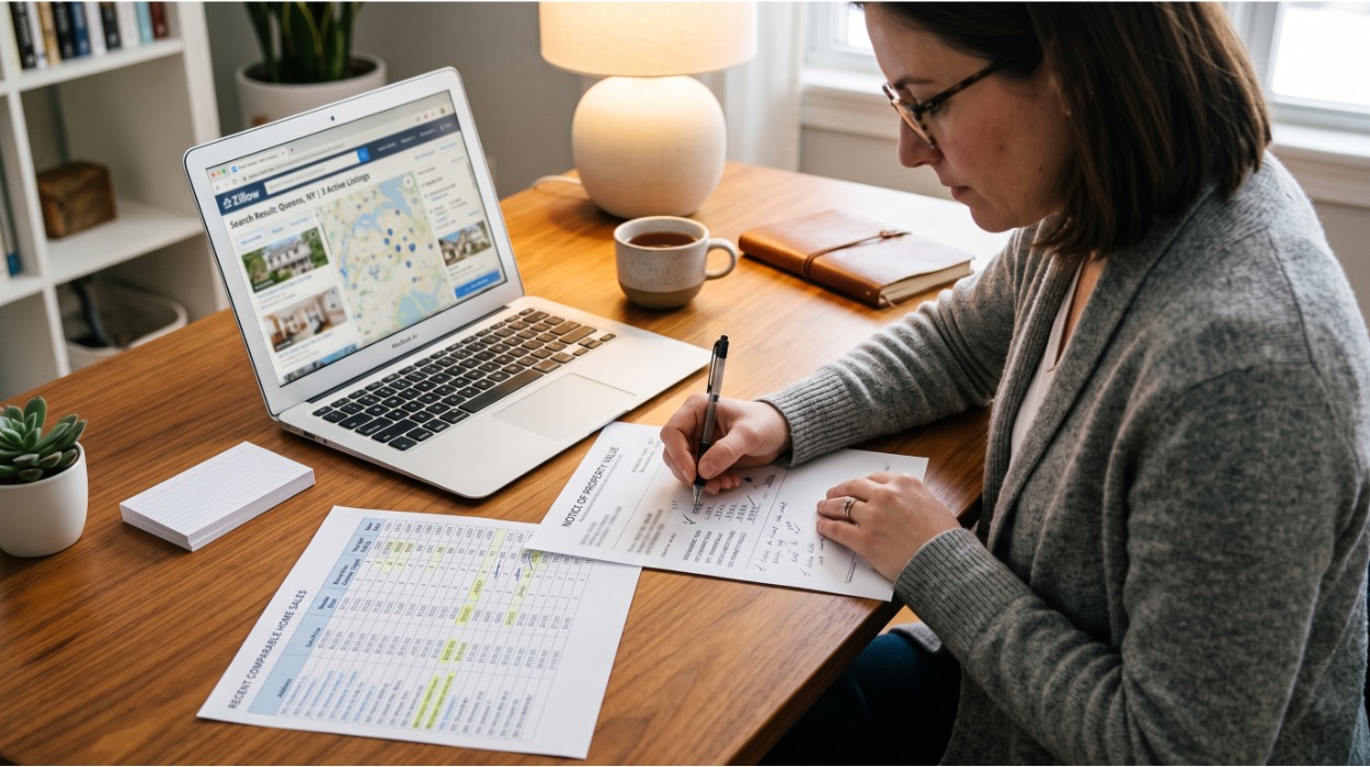 Homeowner reviewing Notice of Property Value and comparable sales data at a desk, preparing a Queens property tax appeal