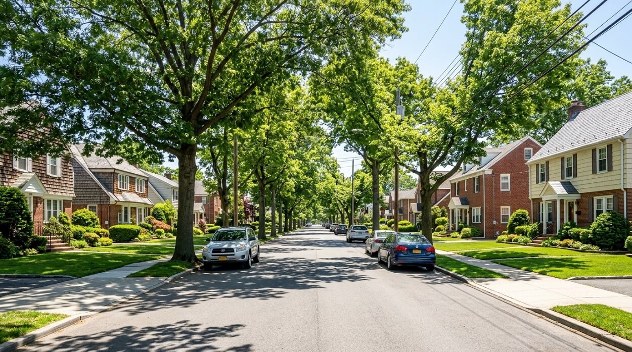 Residential street in Bayside Queens — one of the safest neighborhoods in Queens NY